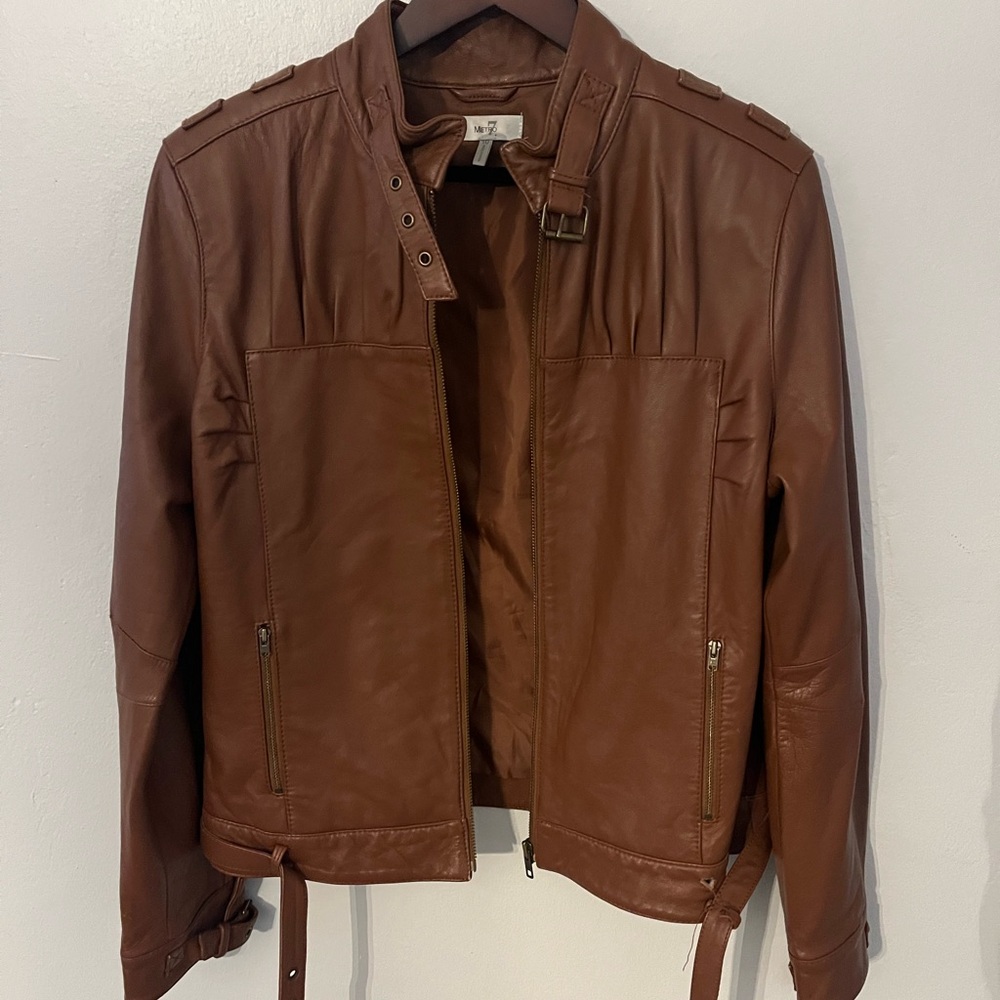 Metro 7 Leather Moto Jacket  Zipper Font Pockets Buckle Cuffs Hem Brown Size 10